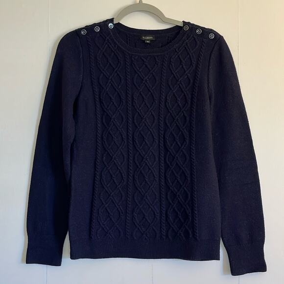 Talbots Cable Knit Fisherman Sweater Buttons Size S Navy Crew Neck Wool Blend - Picture 1 of 7